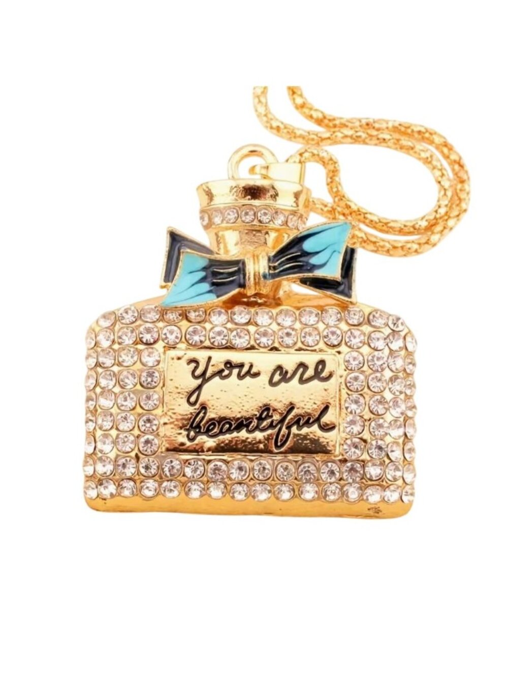 Gold Tone Perfume Bottle Pendant Necklace With Crystals "You Are Beautiful"